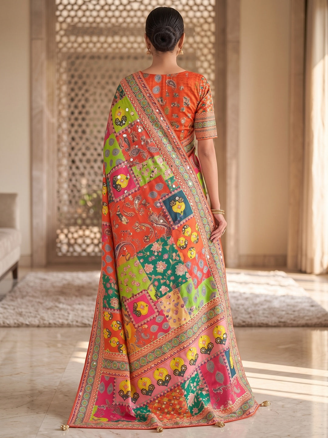 Peachmode Orange Mirror Work Chinon Silk Saree - Image 5
