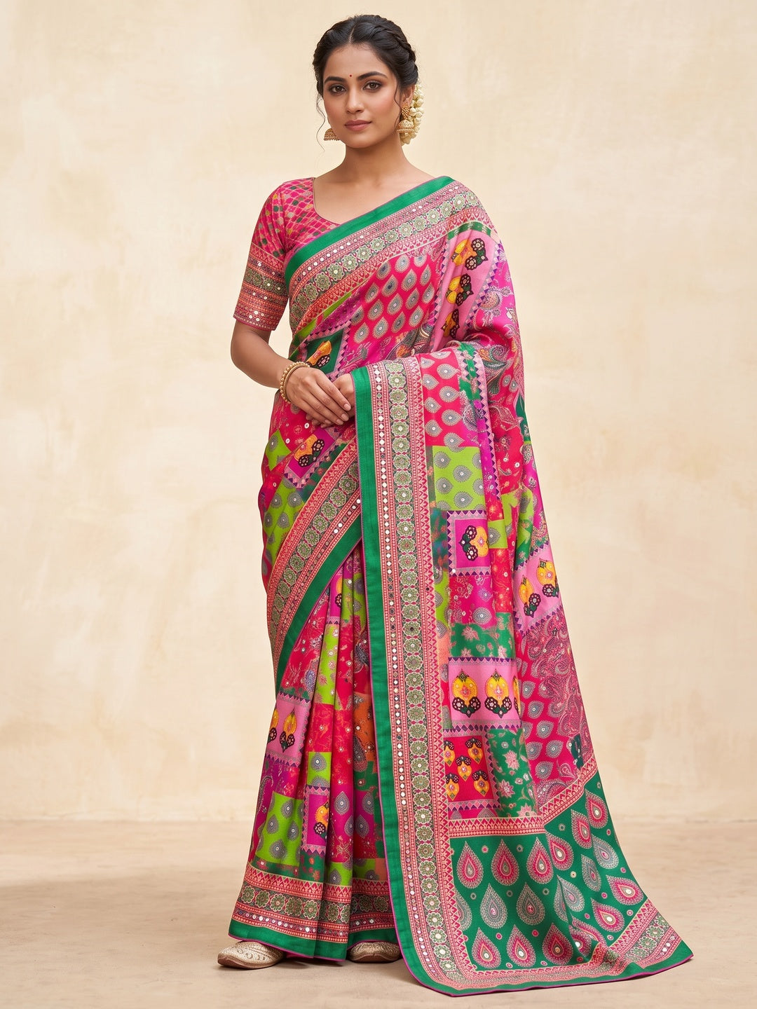 Peachmode Pink Mirror Work Chinon Silk Saree - Image 2