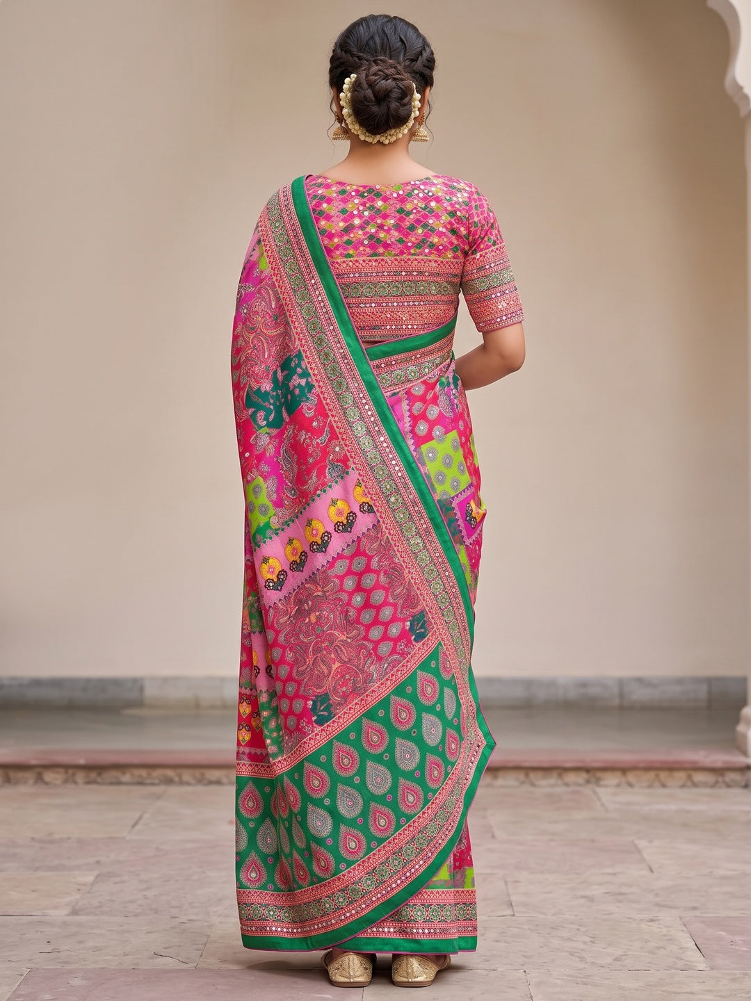 Peachmode Pink Mirror Work Chinon Silk Saree - Image 5