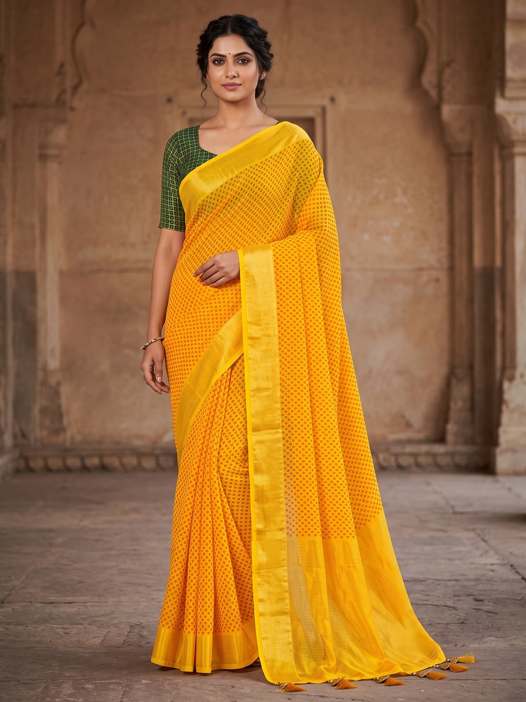 Peachmode Yellow Bandhani Woven Border Chiffon Saree - Image 1