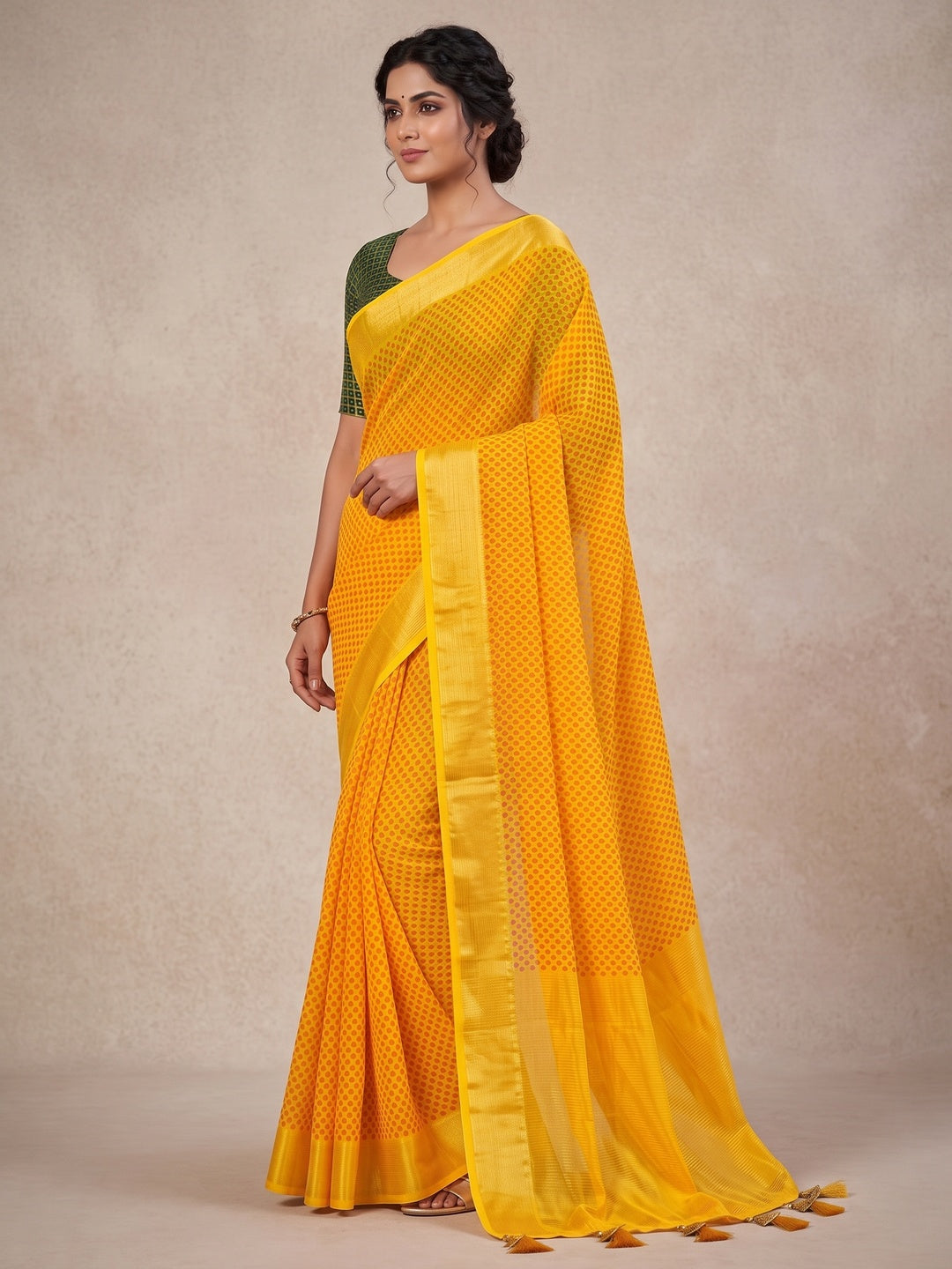 Peachmode Yellow Bandhani Woven Border Chiffon Saree - Image 3