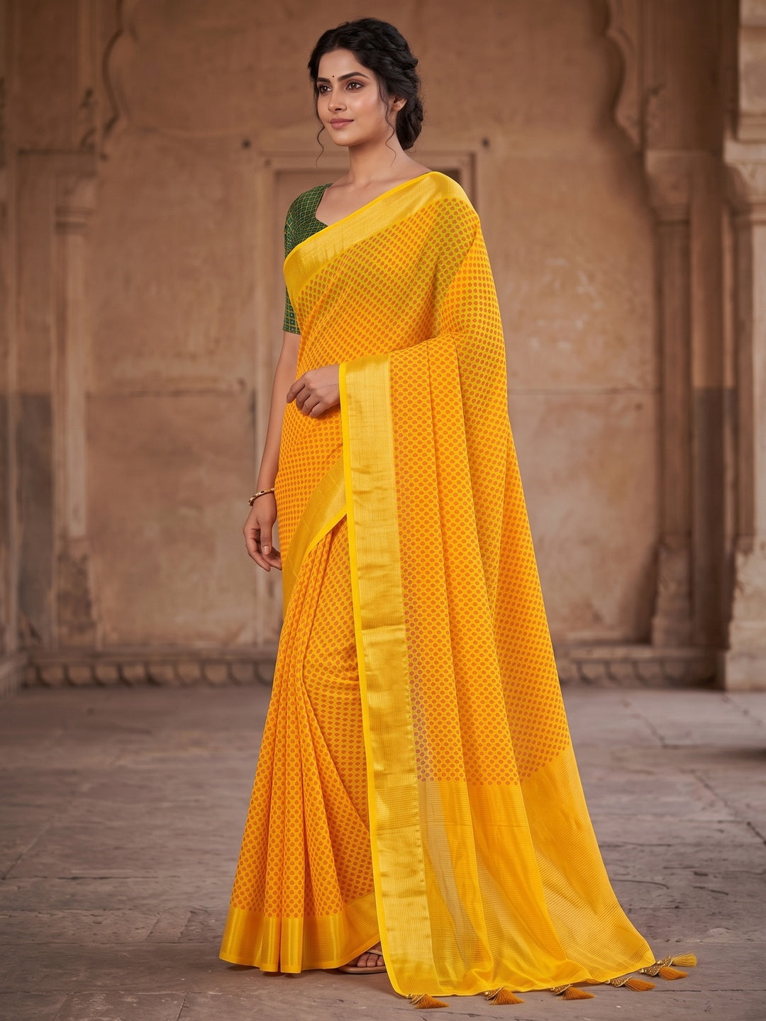 Peachmode Yellow Bandhani Woven Border Chiffon Saree - Image 4