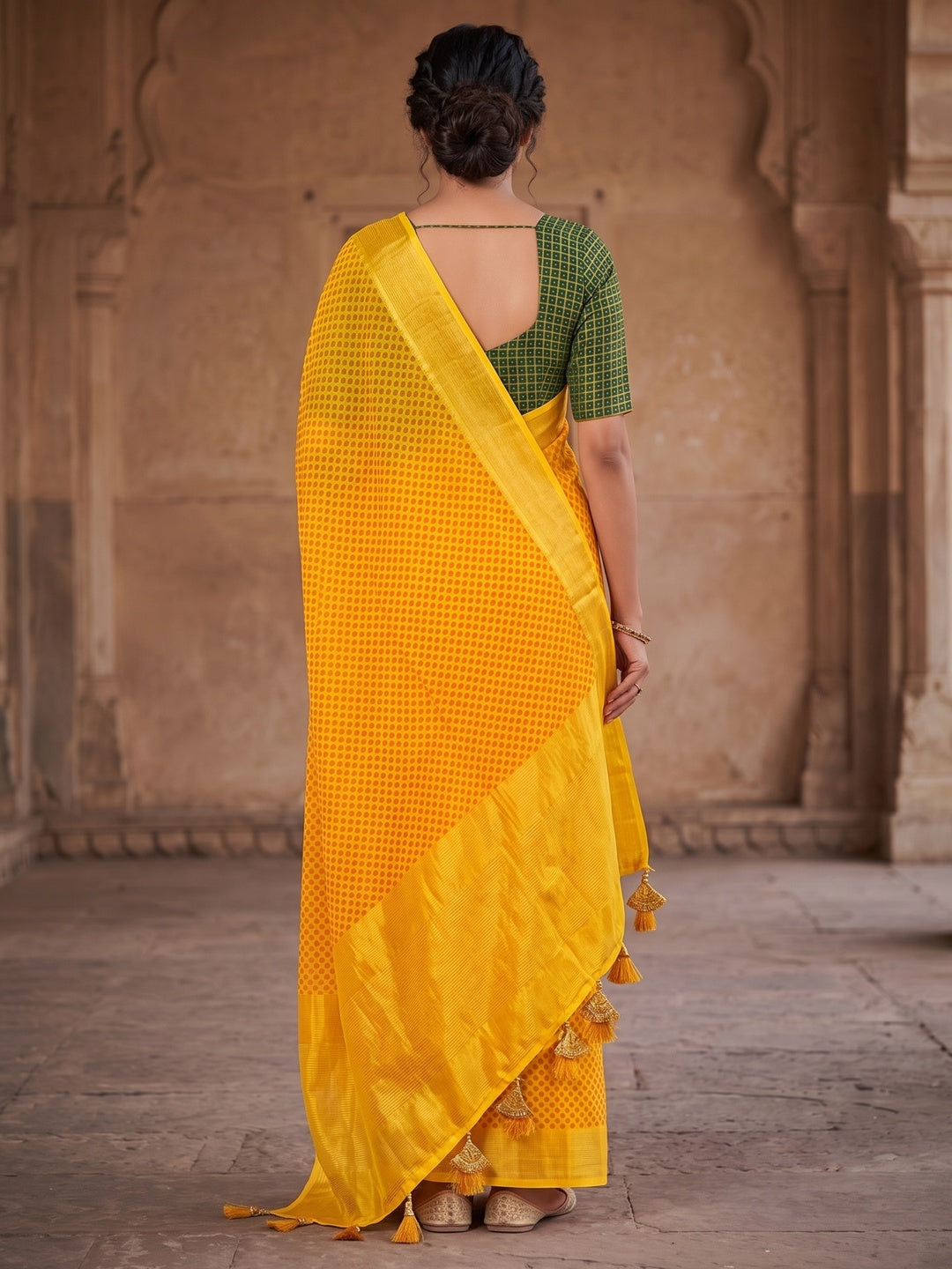 Peachmode Yellow Bandhani Woven Border Chiffon Saree - Image 5