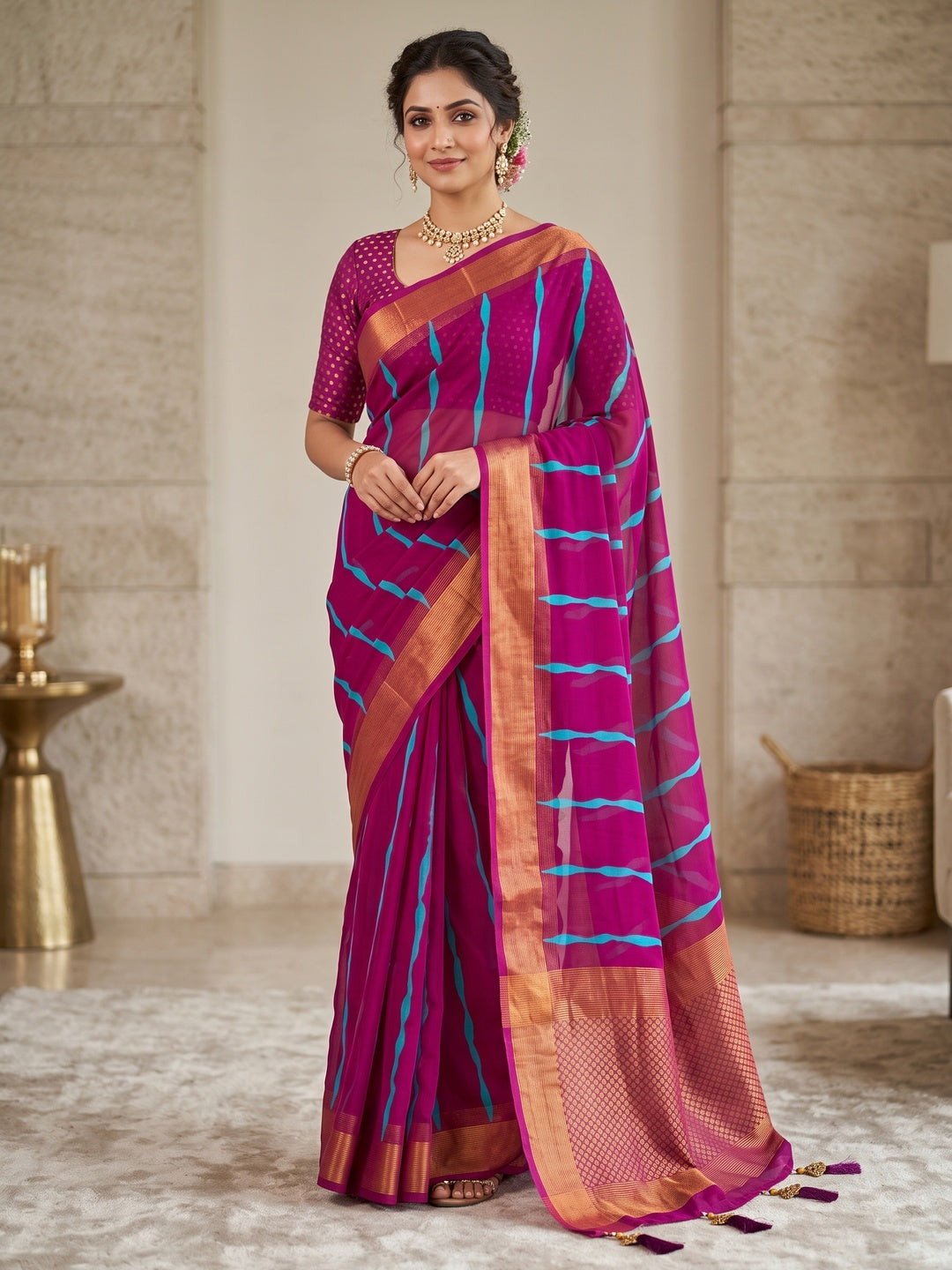 Peachmode Magenta Ikat Woven Border Chiffon Saree - Image 1