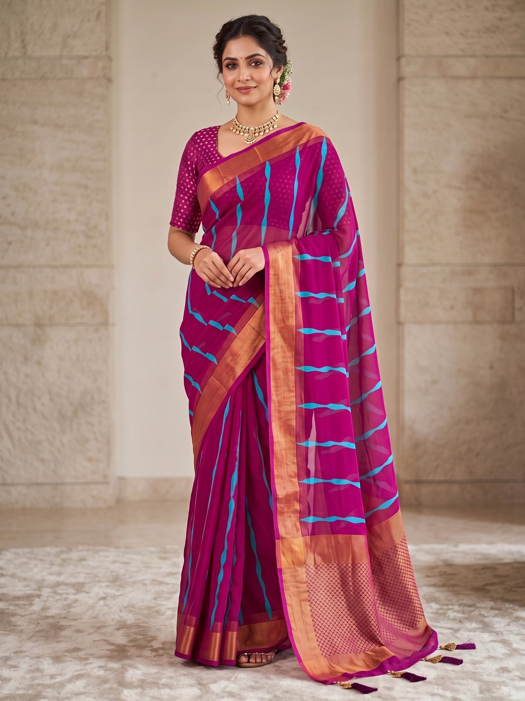 Peachmode Magenta Ikat Woven Border Chiffon Saree - Image 2