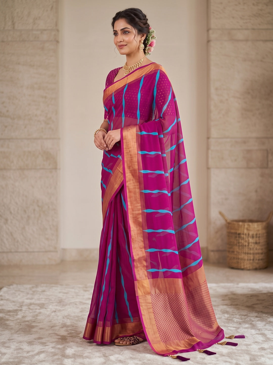 Peachmode Magenta Ikat Woven Border Chiffon Saree - Image 3