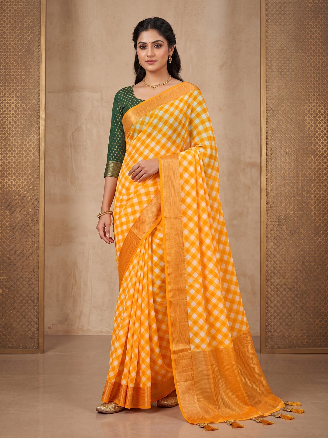 Peachmode Orange Checked Woven Border Chiffon Saree - Image 1
