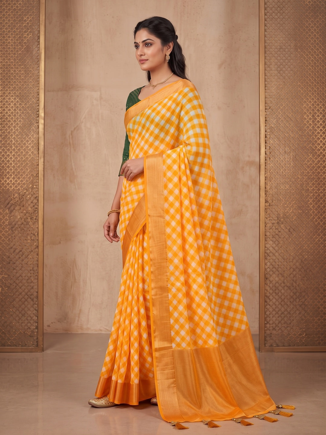 Peachmode Orange Checked Woven Border Chiffon Saree - Image 3