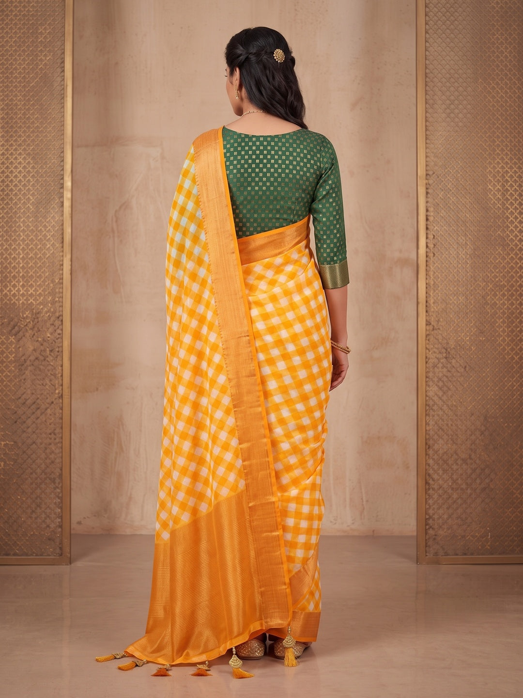 Peachmode Orange Checked Woven Border Chiffon Saree - Image 5