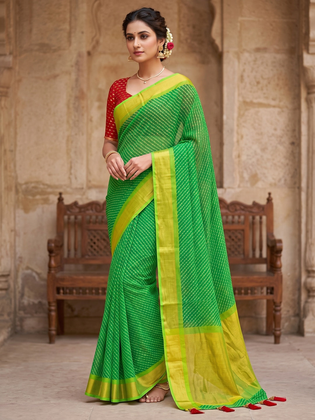 Peachmode Green Leheriya Woven Border Chiffon Saree - Image 1