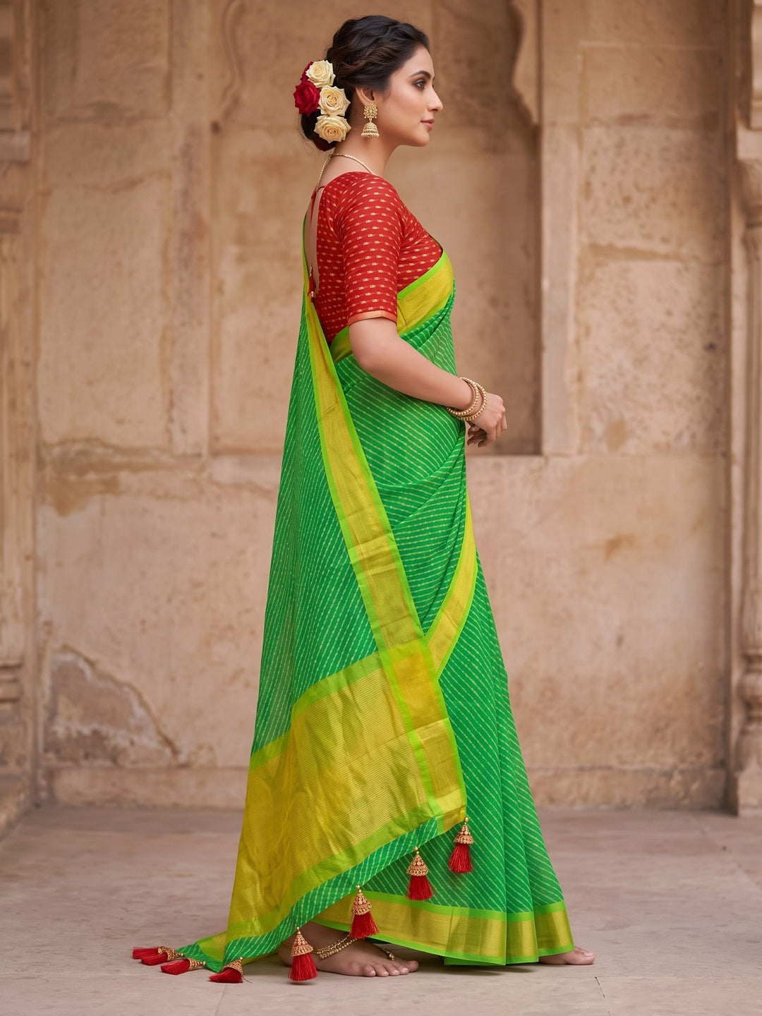 Peachmode Green Leheriya Woven Border Chiffon Saree - Image 4