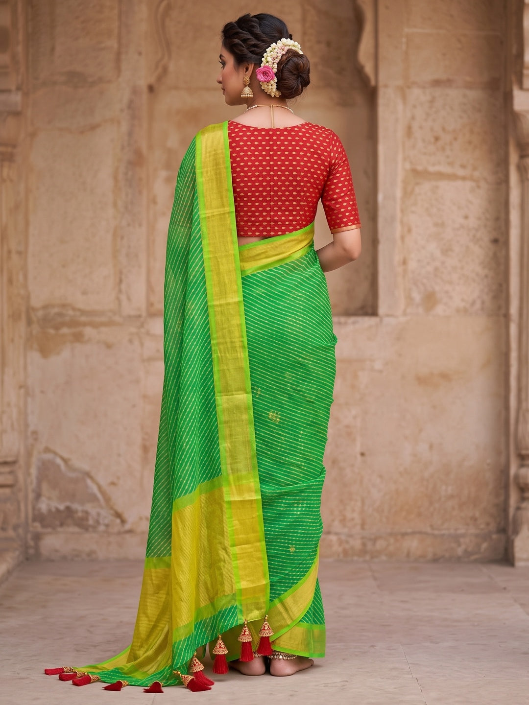 Peachmode Green Leheriya Woven Border Chiffon Saree - Image 5