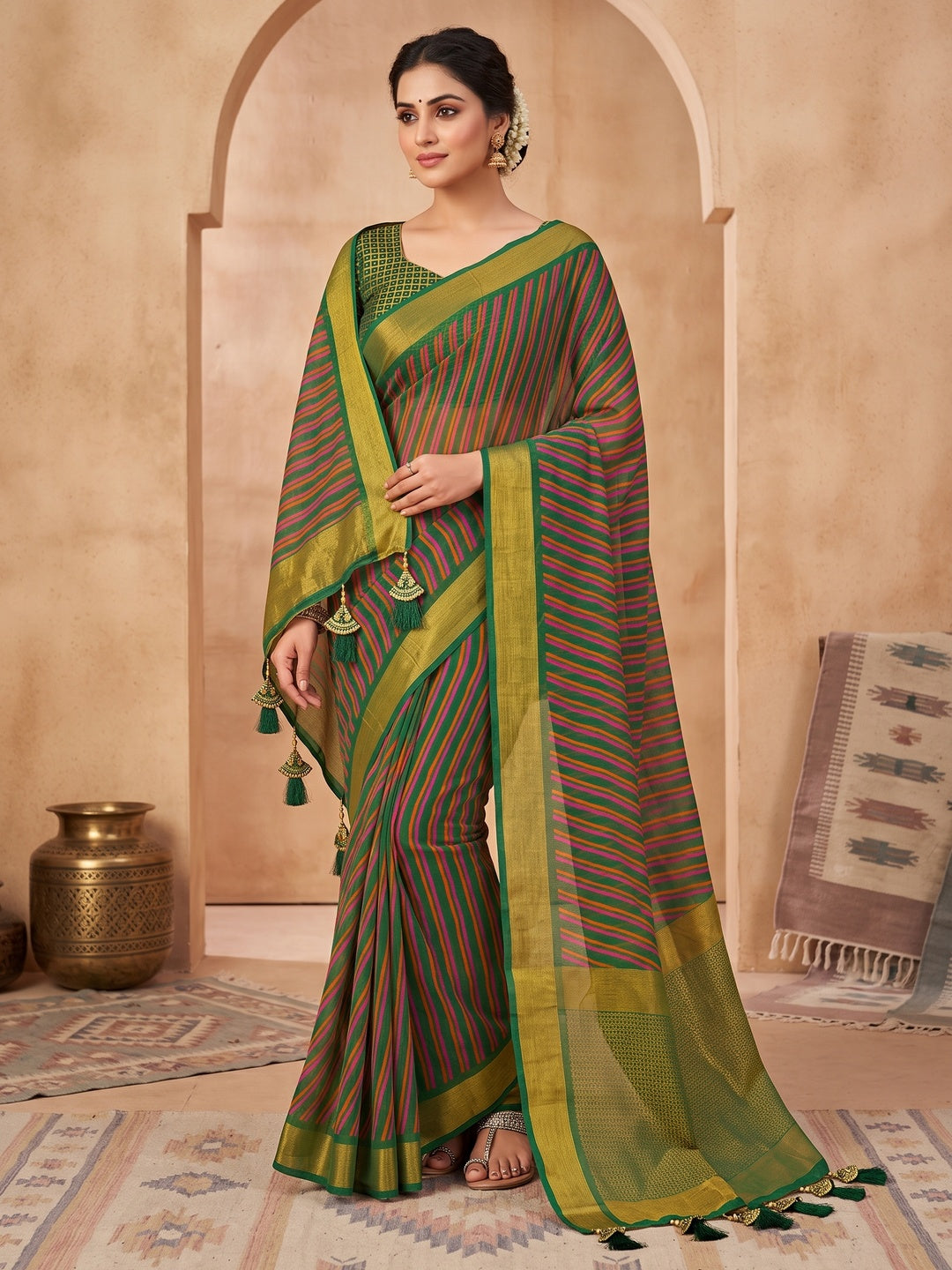 Peachmode Multicolor Striped Woven Border Chiffon Saree - Image 1