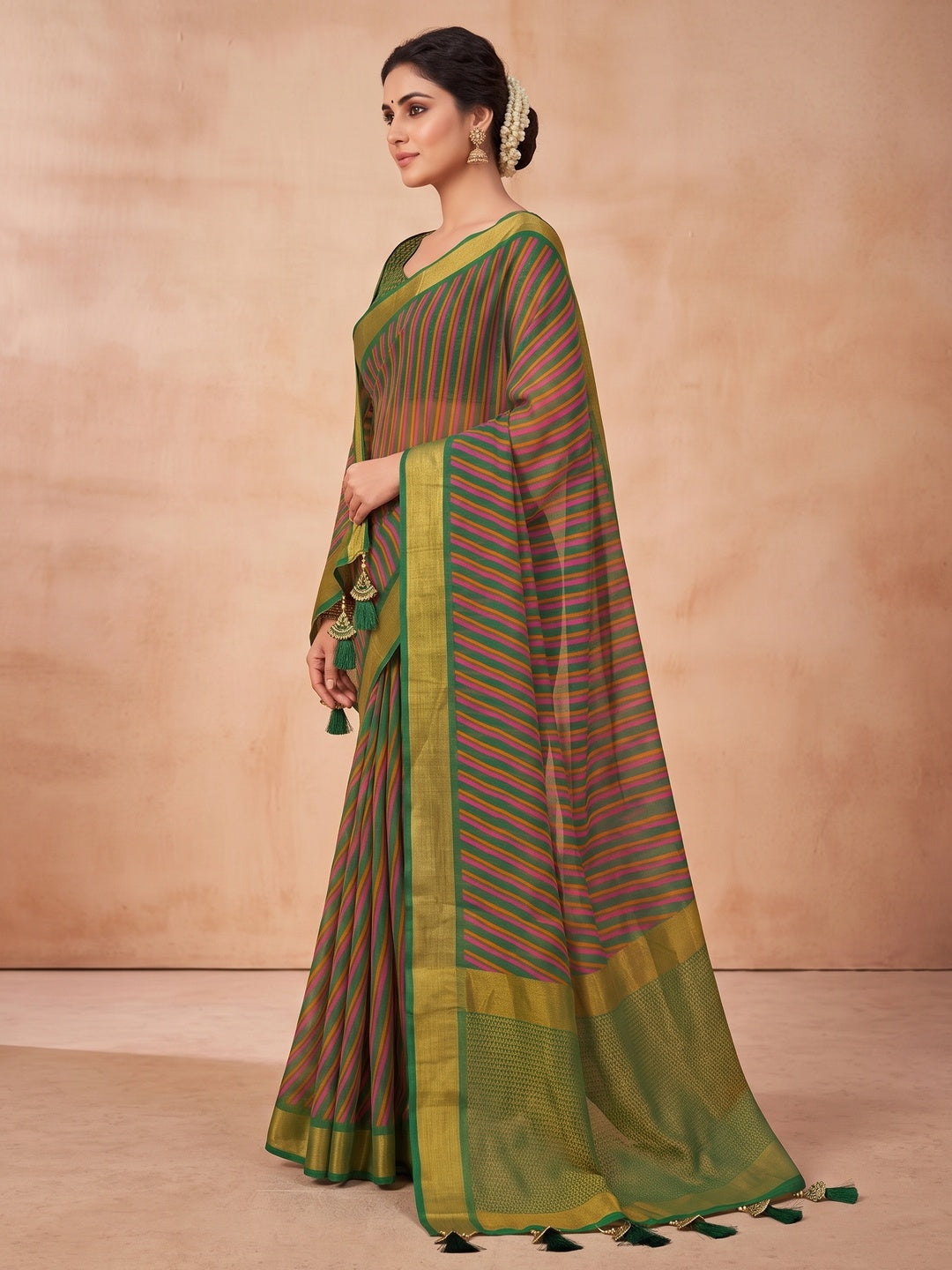 Peachmode Multicolor Striped Woven Border Chiffon Saree - Image 4