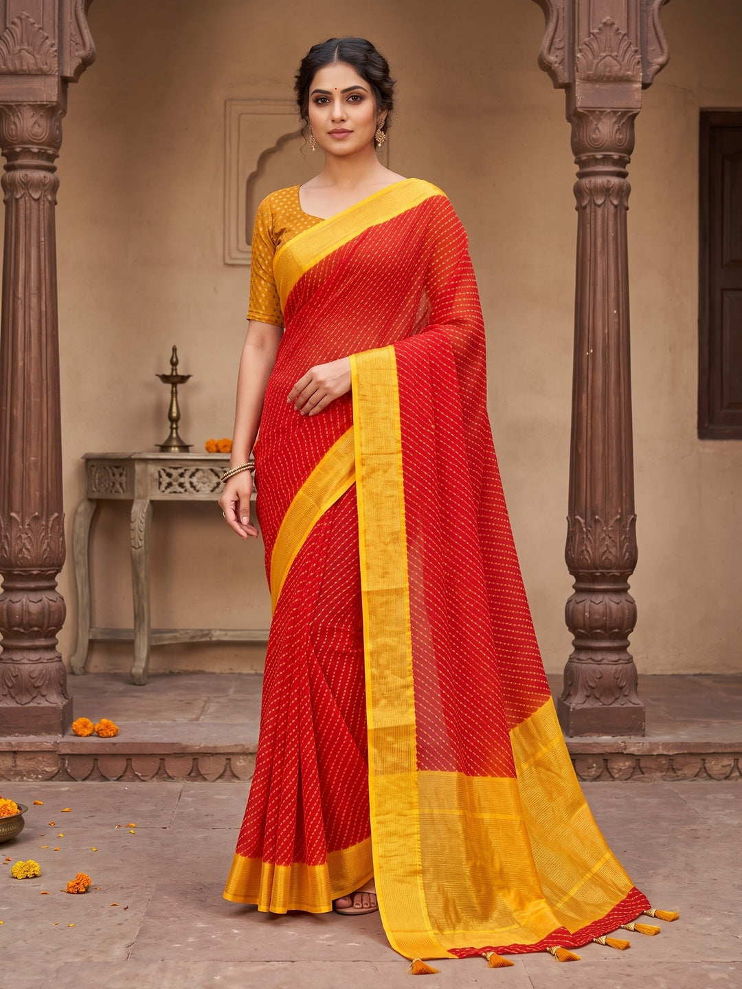 Peachmode Red Bandhani Woven Border Chiffon Saree - Image 1