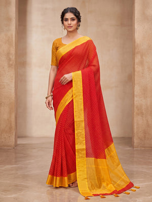 Peachmode Red Bandhani Woven Border Chiffon Saree - Image 2
