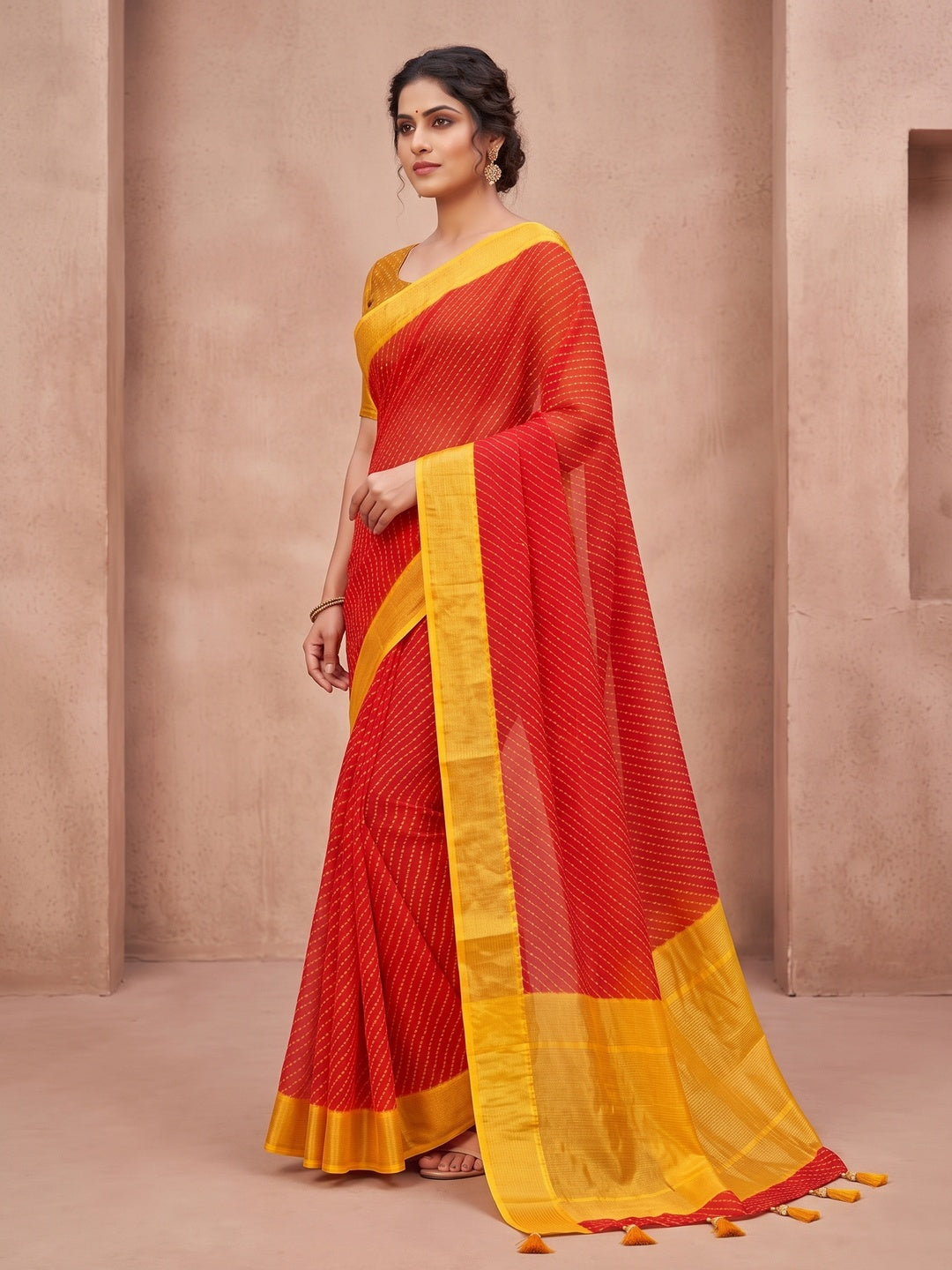 Peachmode Red Bandhani Woven Border Chiffon Saree - Image 3