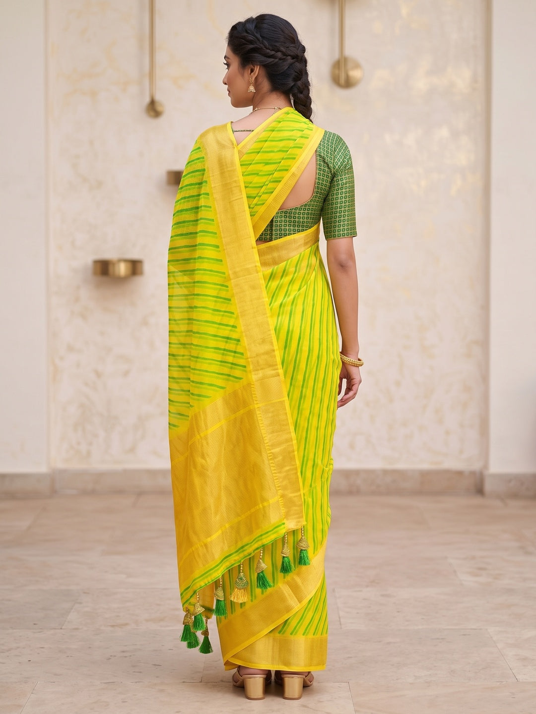 Peachmode Yellow Green Ikat Woven Border Chiffon Saree - Image 5
