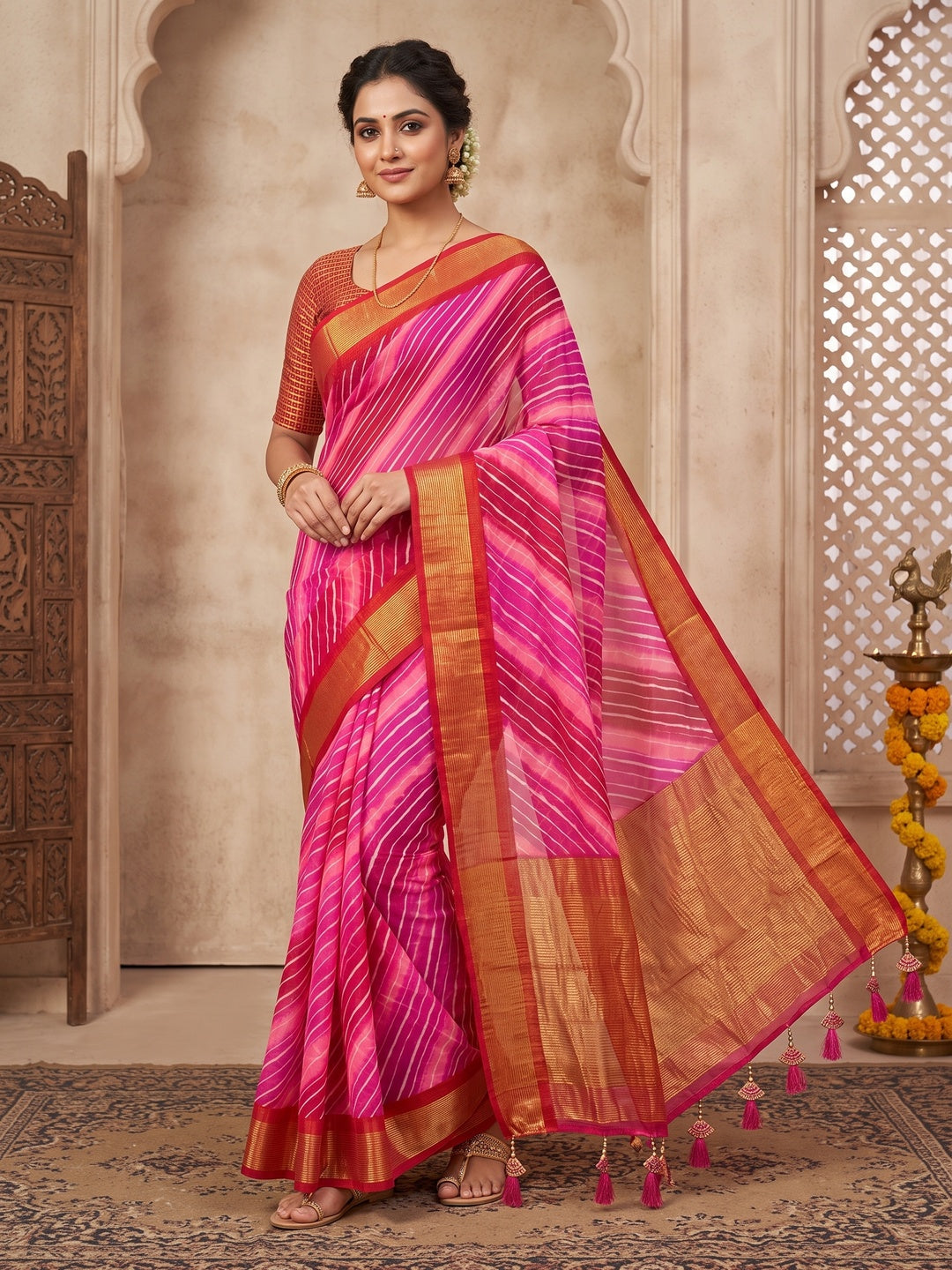 Peachmode Pink Leheriya Woven Border Chiffon Saree - Image 1