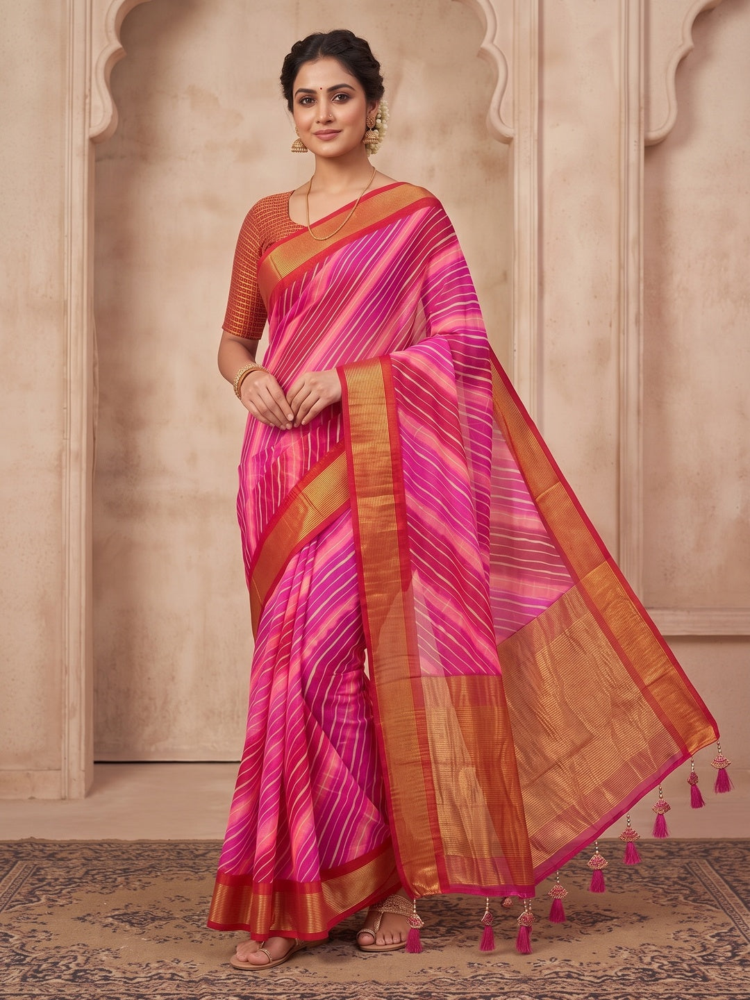 Peachmode Pink Leheriya Woven Border Chiffon Saree - Image 2
