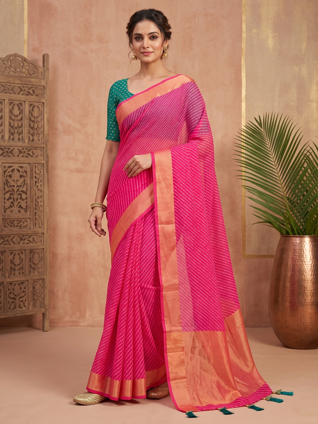 Peachmode Pink Leheriya Woven Border Chiffon Saree - Image 1