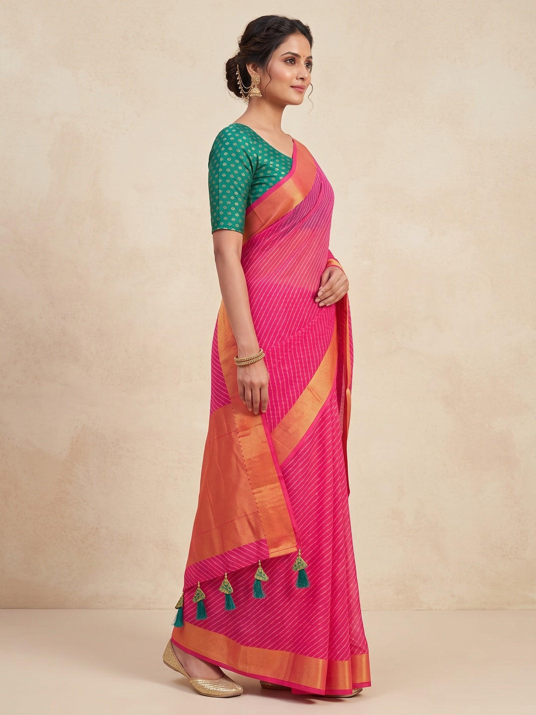 Peachmode Pink Leheriya Woven Border Chiffon Saree - Image 3
