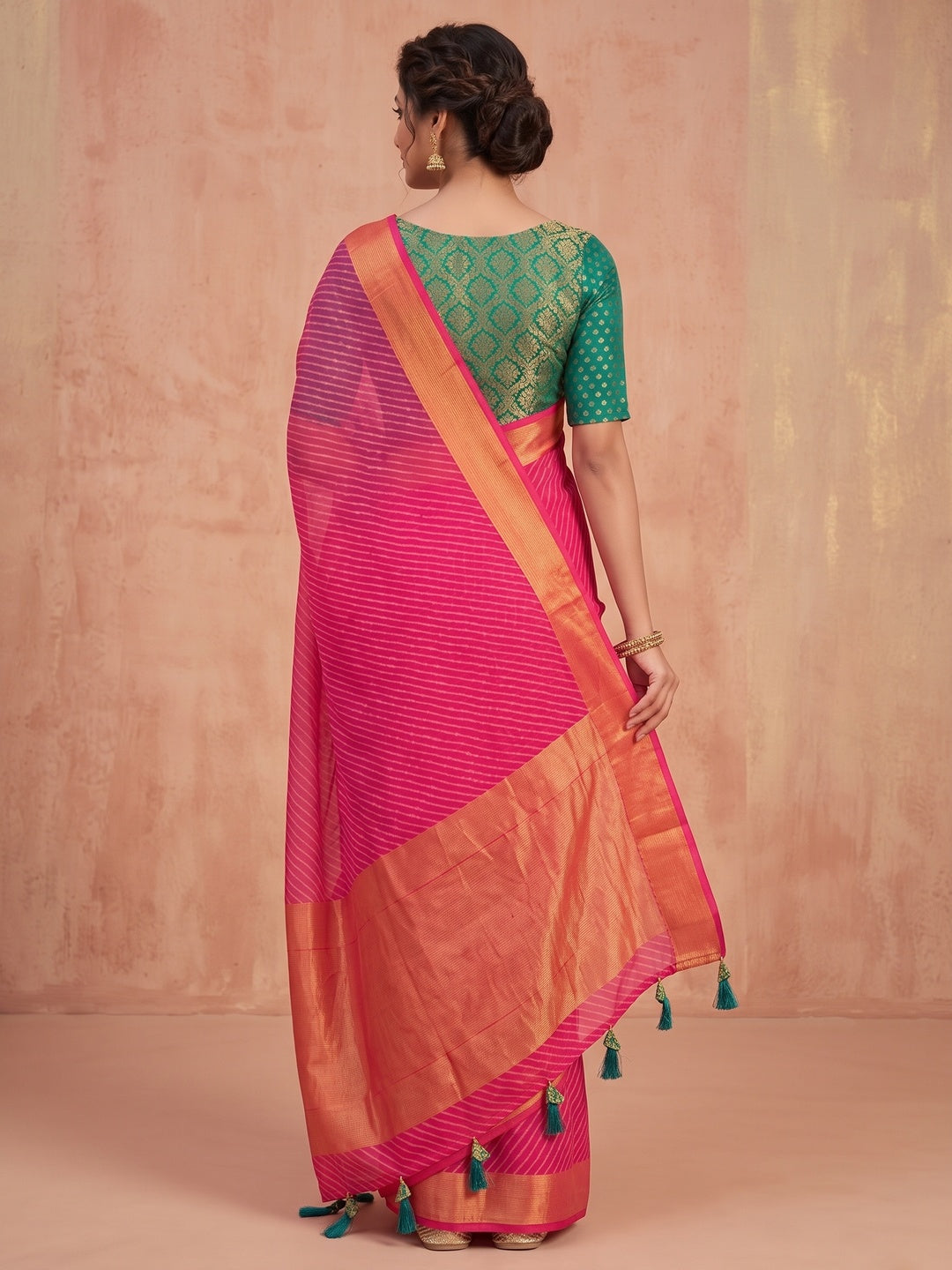 Peachmode Pink Leheriya Woven Border Chiffon Saree - Image 4
