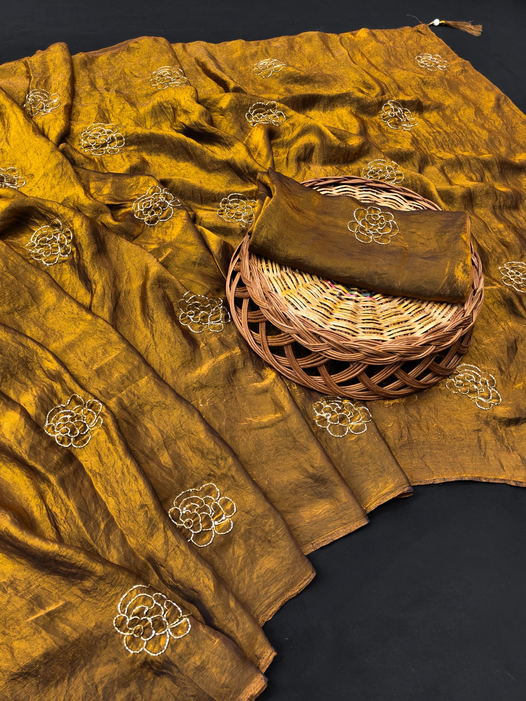Peachmode Mustard Satin Floral Embroidered Saree - Image 2