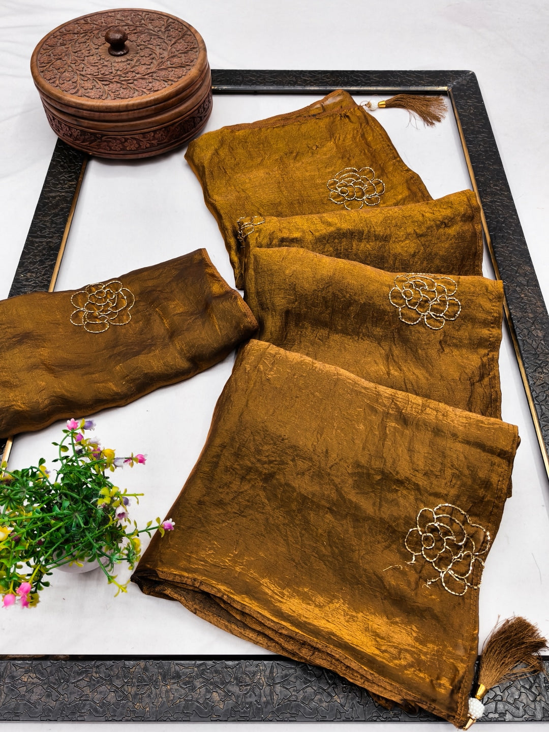 Peachmode Mustard Satin Floral Embroidered Saree - Image 3
