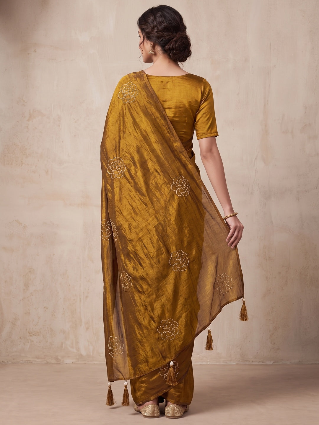 Peachmode Mustard Satin Floral Embroidered Saree - Image 5