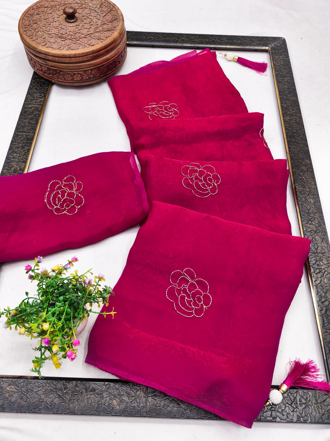 Peachmode Rani Pink Satin Floral Embroidered Saree - Image 3