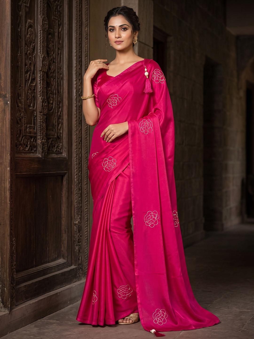 Peachmode Rani Pink Satin Floral Embroidered Saree - Image 1