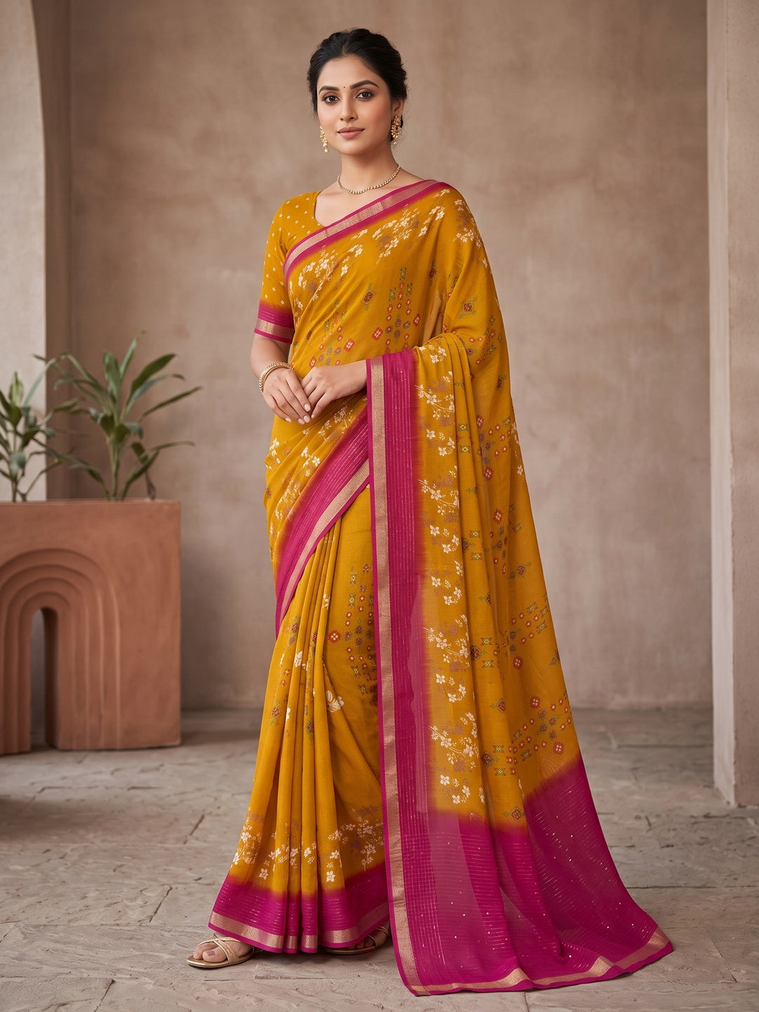 Peachmode Mustard Floral Printed Georgette Saree With Sequin Border - Image 1