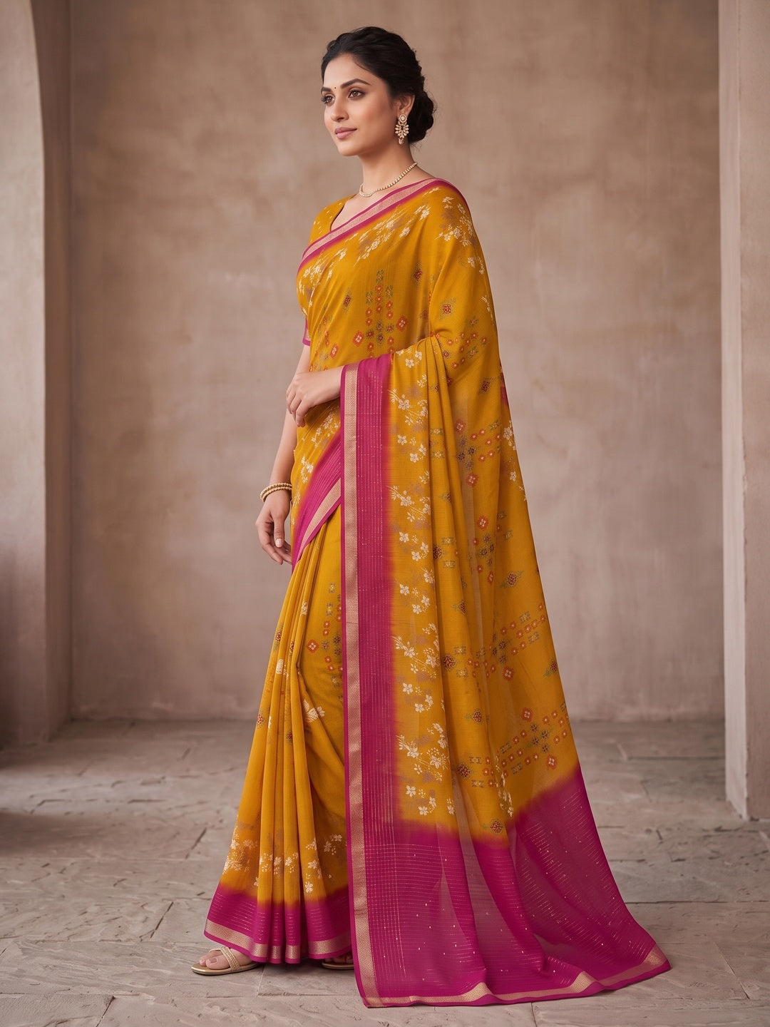 Peachmode Mustard Floral Printed Georgette Saree With Sequin Border - Image 3