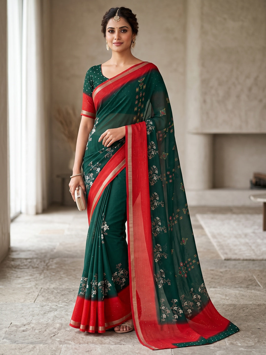 Peachmode Green Floral Printed Georgette Saree With Sequin Border - Image 1
