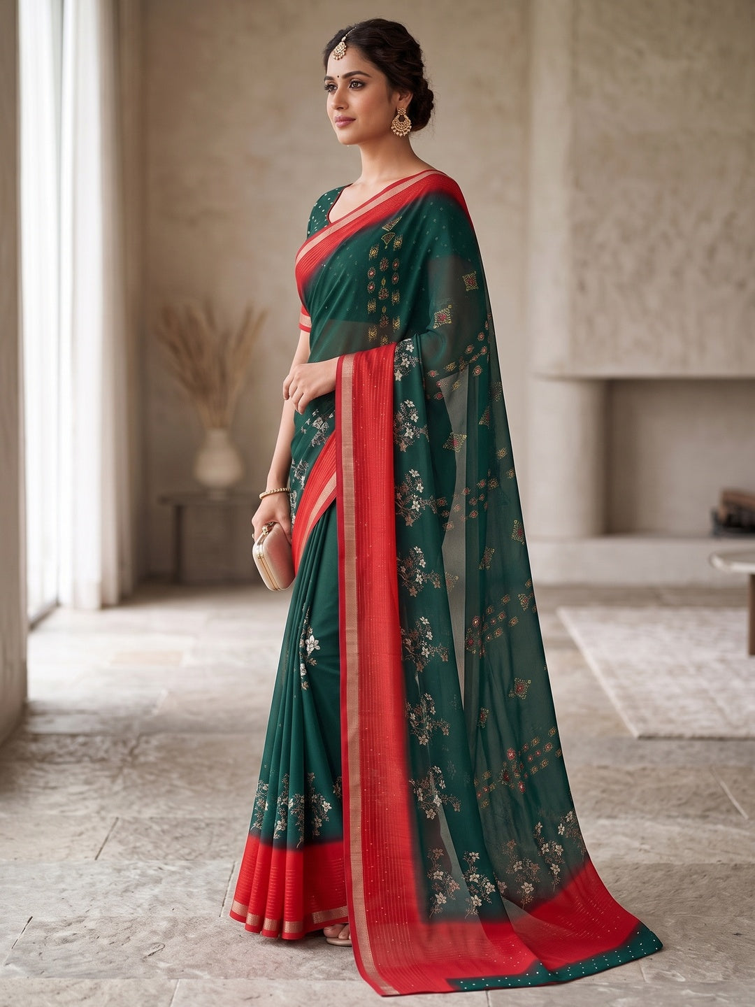 Peachmode Green Floral Printed Georgette Saree With Sequin Border - Image 4