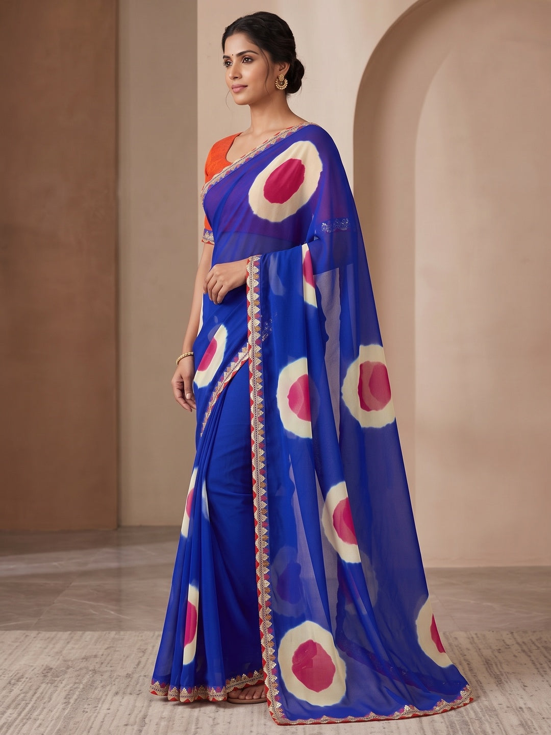 Peachmode Blue Abstract Printed Georgette Saree With Sequin Lace Border - Image 3