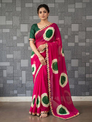 Peachmode Pink Abstract Printed Georgette Saree With Sequin Lace Border - Image 1
