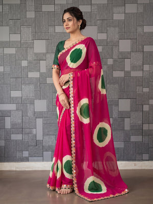 Peachmode Pink Abstract Printed Georgette Saree With Sequin Lace Border - Image 2