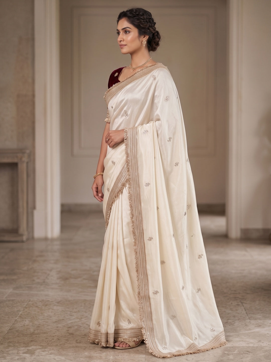Peachmode Ivory Embroidered Fandy Satin Saree - Image 3