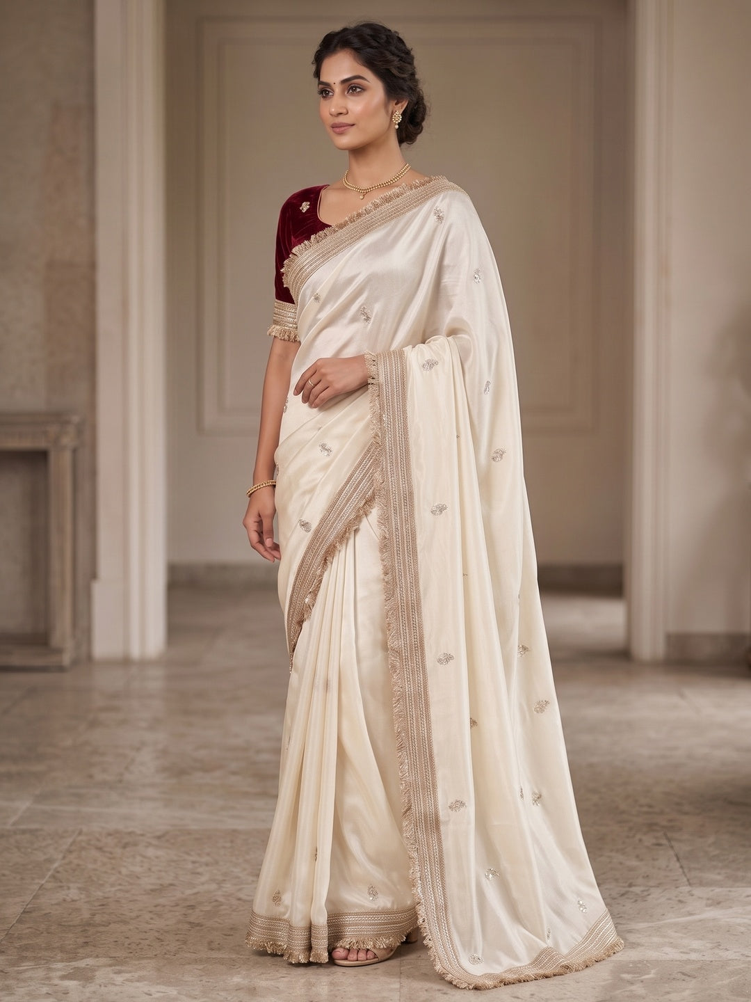Peachmode Ivory Embroidered Fandy Satin Saree - Image 4