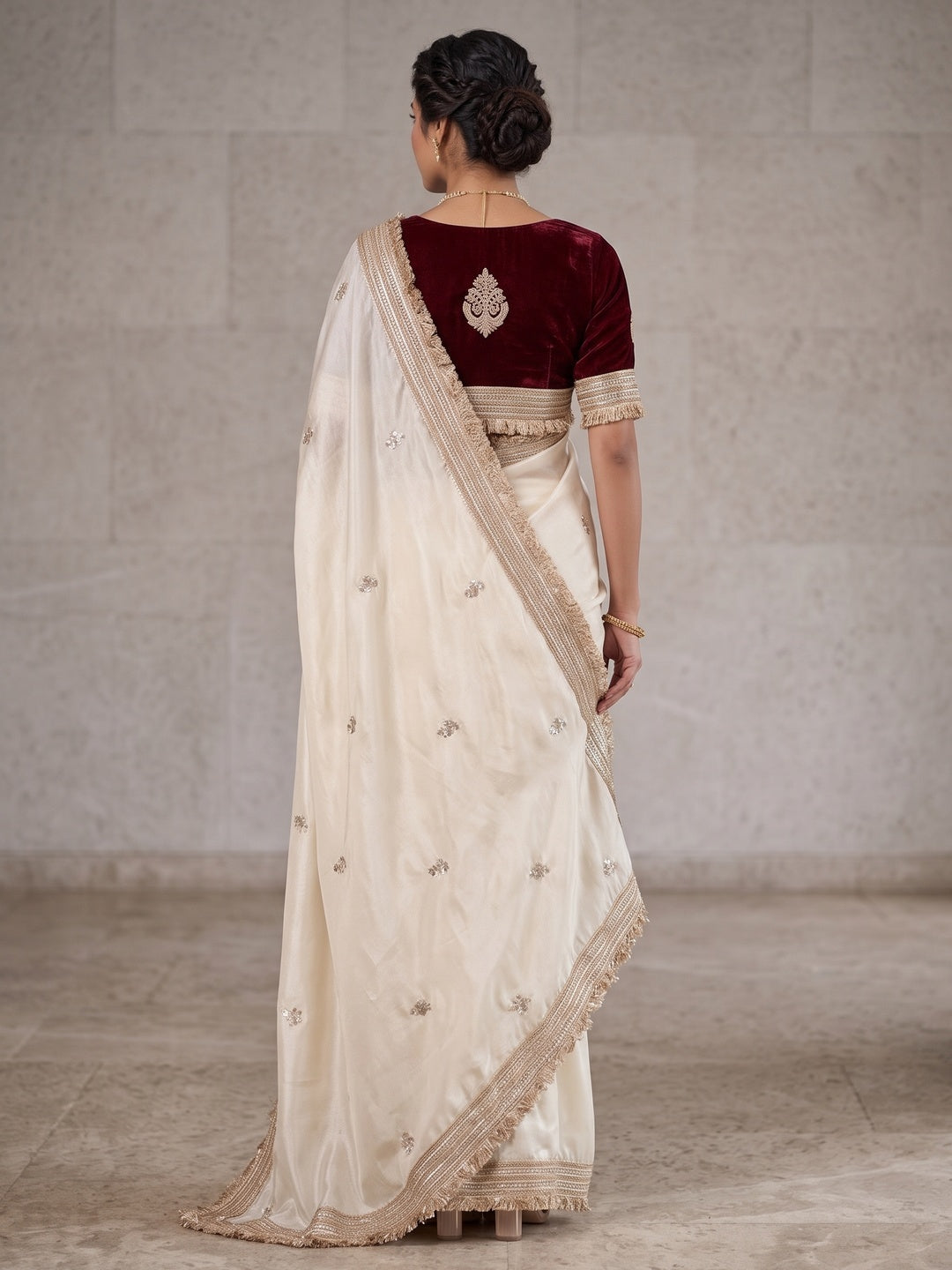 Peachmode Ivory Embroidered Fandy Satin Saree - Image 5