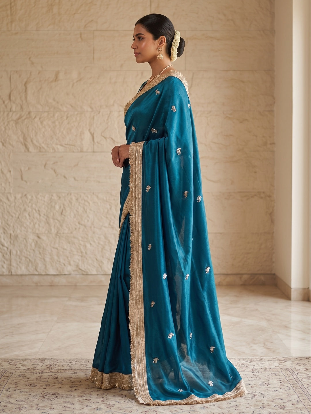 Peachmode Teal Blue Embroidered Fandy Satin Saree - Image 3