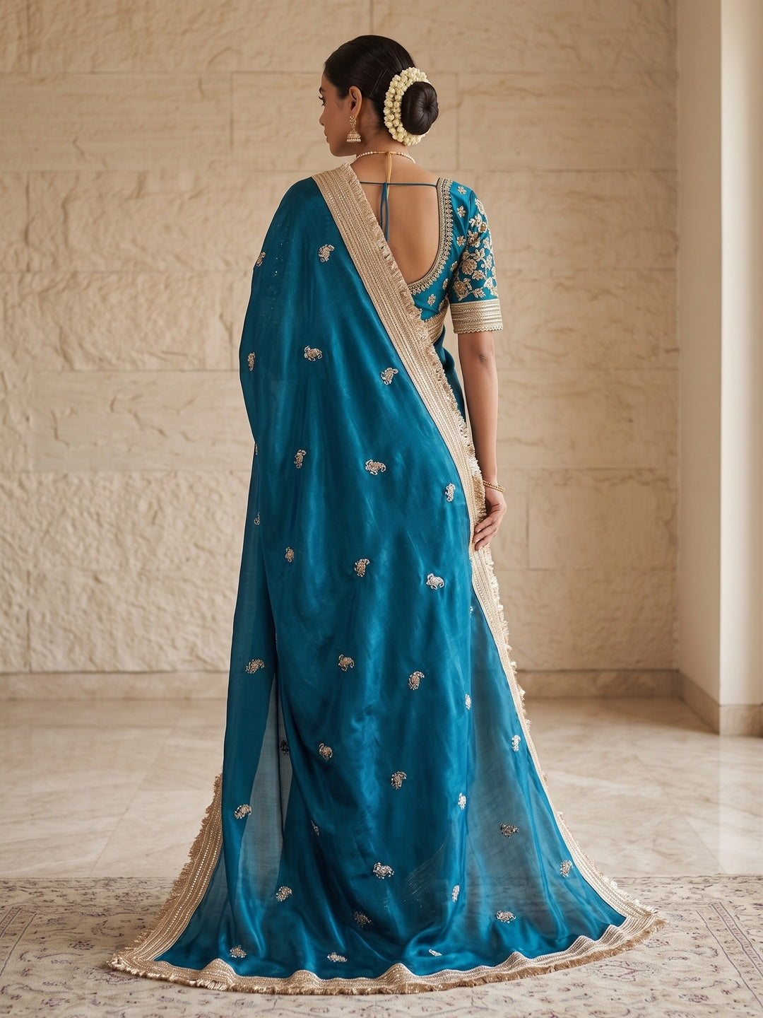 Peachmode Teal Blue Embroidered Fandy Satin Saree - Image 5