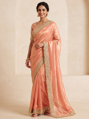 Peachmode Peach Embroidered Fandy Satin Saree - Image 1