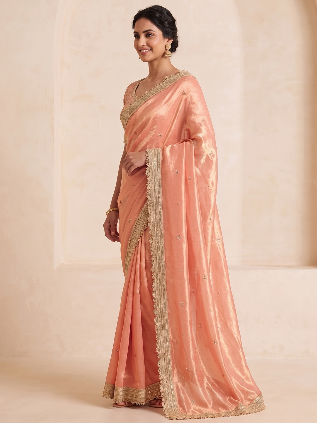 Peachmode Peach Embroidered Fandy Satin Saree - Image 3