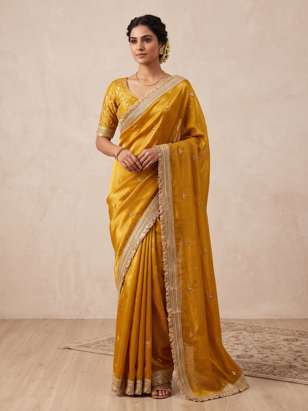 Peachmode Mustard Yellow Embroidered Fandy Satin Saree - Image 1