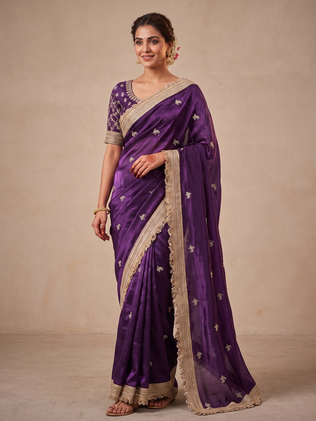 Peachmode Purple Embroidered Fandy Satin Saree - Image 2