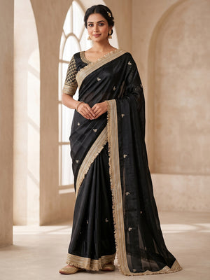 Peachmode Black Embroidered Fandy Satin Saree - Image 1