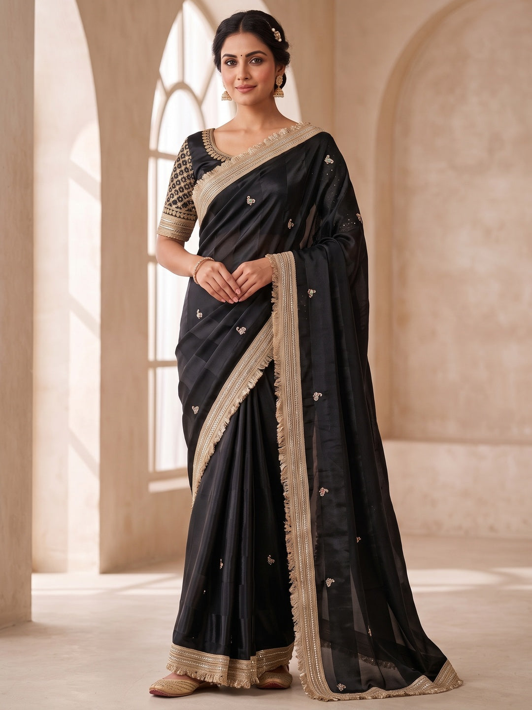 Peachmode Black Embroidered Fandy Satin Saree - Image 2